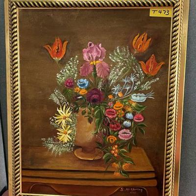 Oil on canvas flowers by S. McCleskey, 1975