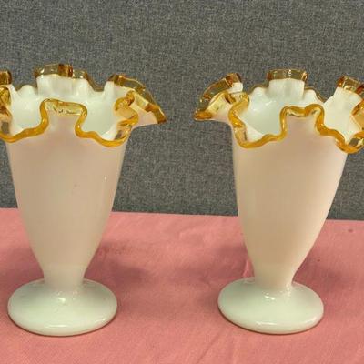 1940's Fenton amber ruffled top vases