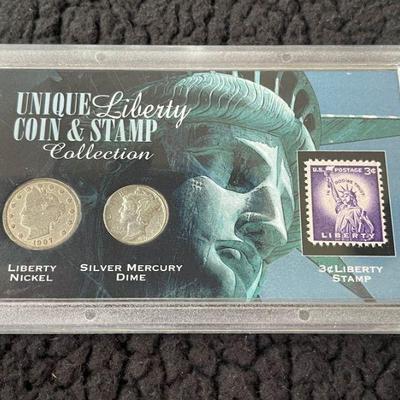 Unique Liberty Coin & Stamp Collection 1907-Nickel, 1941-Dime and 3 Cent Stamp