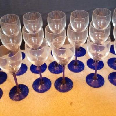 LOT OF 24 Clear Wine Glasses with Cobalt Blue Glass Stems 