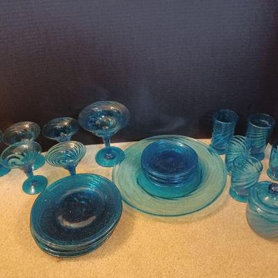 COLLECTION of Vintage Hand Blown BLUE SWIRL Optic Glasses and Dishes