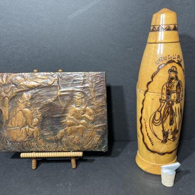 15â€ wooden thermos from Uruguay w/ spout, brass art work from Uruguay 11x8â€