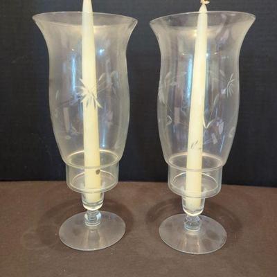 Set of 2 Vintage Crystal ETCHED Floral Design Hurricane Candle Holders 