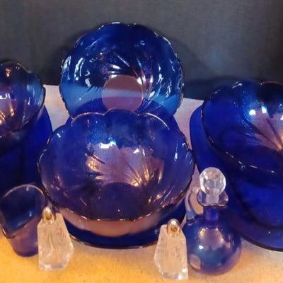 WONDERFUL Lot of Cobalt Blue Serving Pieces, Cruet with Faceted Stopper and More