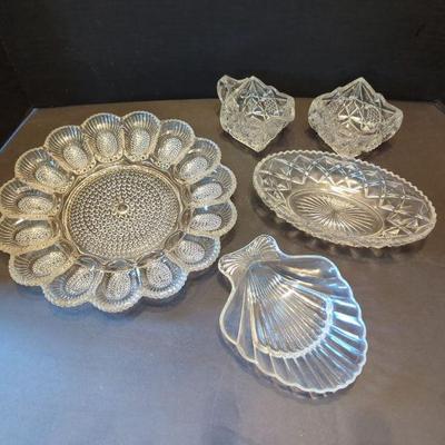 Glass Egg plate 11.25, Cream 3.5 sq, & Sugar 2.5sq set both 2.5" tall, two Nappy 
