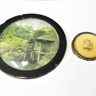Antique Convex Glass Picture in Frame +