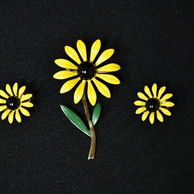 Enameled Flower Earring & Brooch Set