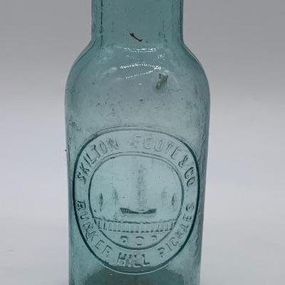 Antique aqua pickle bottle, Skilton Foote & Co. Bunker Hill Pickles, Boston, MA ht. 5 1/2â€