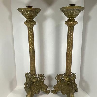 Antique Brass / Bronze Alter Trinity Candlesticks - 28