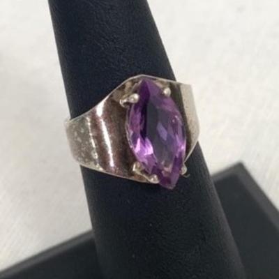 Sterling Silver Ring with Large Marquise cut Amethyst