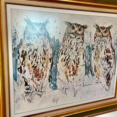 1970s Fritz Rudolf Hug (1921-1989) framed owl PRINT (not litho, sorry)