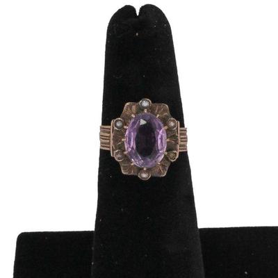 ANtique Amethyst and 10kt gold ring with seed pearls
