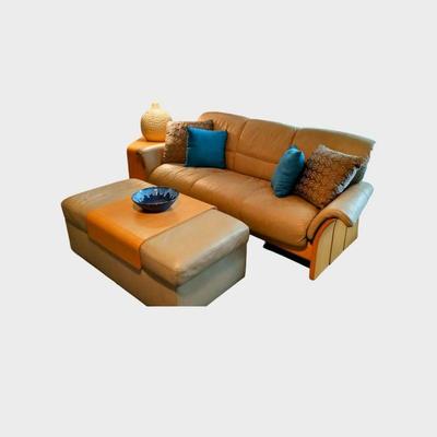 EKORNES LEATHER SOFA AND MATCHING DOUBLE STORAGE OTTOMAN