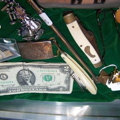 Straight Razors, Pocket Knives and 2 Dollar Bill