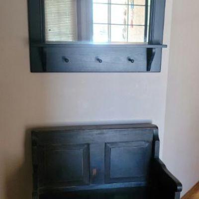 Farmhouse wooden bench and framed mirror