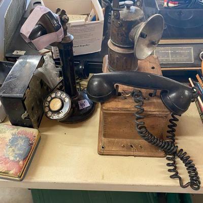 Old Oak Box & Rotary Dail Telephone