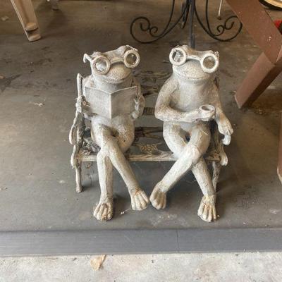 Cast Metal Garden Frogs Sitting on Park Bench Figures