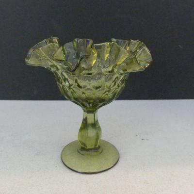 Vintage Fenton Thumprint Green Ruffle Rim Pedestal Candy Dish