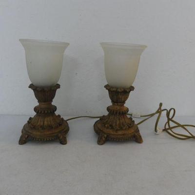 Pair of Antiqued Acanthus Leaf Base Boudoir Lamps with Frosted Glass Shades