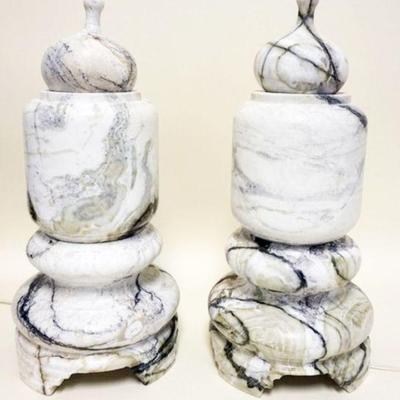 1233	PAIR OF 3 PART MARBLE URN LAMPS, APPROXIMATELY 18 IN H 
