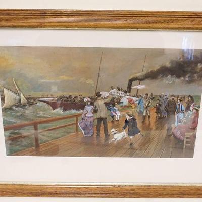 1035	PAINTING UNDER GLASS OF VICTORIAN BOARDWALK W/BOATS & SHIPS AT SEA, APPROXIMATELY 21 IN X 28 IN OVERALL
