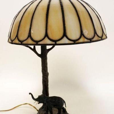 1197	BRONZE ELEPHANT & TREE TABLE LAMP W/SLAG GLASS PANELED SHADE, APPROXIMATELY 17 IN HIGH
