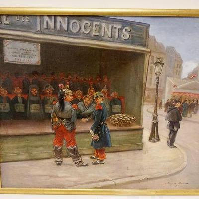 1015	ANTIQUE OIL PAINTING ON CANVAS OF SOLDIERS IN FRONT OF WHAT APPEARS TO BE AN ARCADE, SIGNED GEORGE DANIR 1892, APPROXIMATELY 27 IN X...