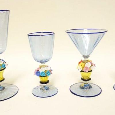 1225	ASSORTED GLASSES HAVING BLUE GLASS WITH GOLD FLECK AND APPLIED FLOWERS ON STEMS, TALLEST APPROXIMATELY 7 IN
