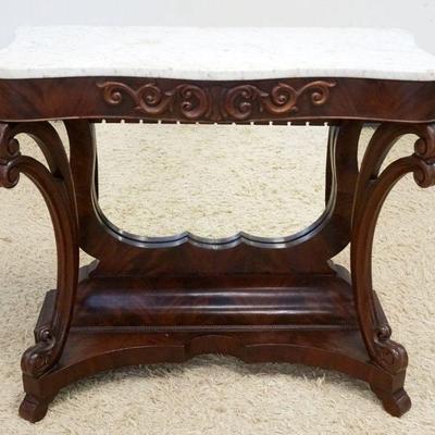 1107	ORNATE VICTORIAN MAHOGANY MARBLE TOP CONSOLE TABLE W/MIRRORED BASE & SCALLOPED EDGE TOP, APPROXIMATELY 35 IN X 15 IN X 33 IN HIGH
