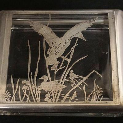 1029	SILVER OVERLAY GLASS BOX W/GEESE IN FLIGHT, APPROXIMATELY 4 1/4 IN X 5 3/4 IN X 1 3/4 IN HIGH
