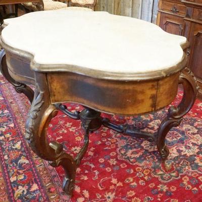 1112	WALNUT VICTORIAN INSET MARBLE TURTLE TOP TABLE, APPROXIMATELY 52 IN X 34 IN X 31 IN HIGH
