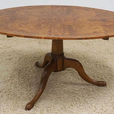 1077	ANTIQUE OVAL BURL WOOD TABLE ON QUEEN ANNE PEDESTAL BASE, APPROXIMATELY 57 IN X 41 IN X 28 IN HIGH
