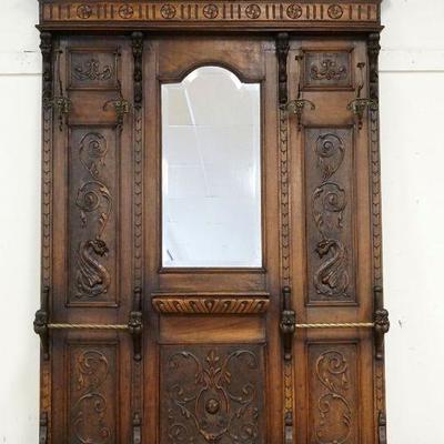 1117	LARGE ORNATE CARVED WALNUT VICTORIAN HALL ENTRY RACK ON CLAW FEET W/CARVED WINGED GRIFFINS & LIONS HEADS, BEVELED GLASS, MIRROR...