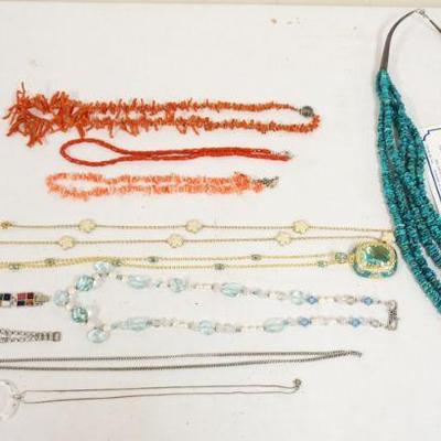 1300	JEWELRY LOT INCLUDES NECKLACE & BRACELET W/STERLING CLASP, CORAL NECKLACE, 2 LGA COSTUME NECKLACES & SANTA FE NECKLACE
