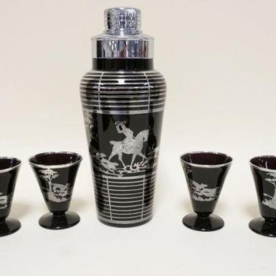 1016	BLACK AMETHYST COCKTAIL SHAKER & GLASSES W/SILVER OVERLAY OF A HUNT SCENE, SHAKER APPROXIMATELY 11 IN HIGH
