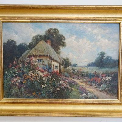 1160	ANTIQUE OIL ON CANVAS PAINTING OF COTTAGE & GARDENS, ARTIST SIGNED. APP. 28 IN X 38 IN OVERALL
