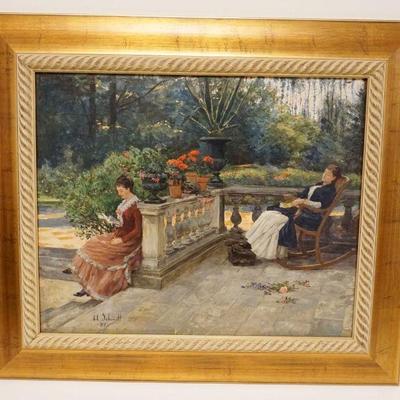1159	ANTIQUE OIL PAINTING ON BOARD OF TWO WOMEN RELAXING ON A SUMMERS DAY, SIGNED M. SCHMITT 98, APP. 28 IN X 25 IN OVERALL
