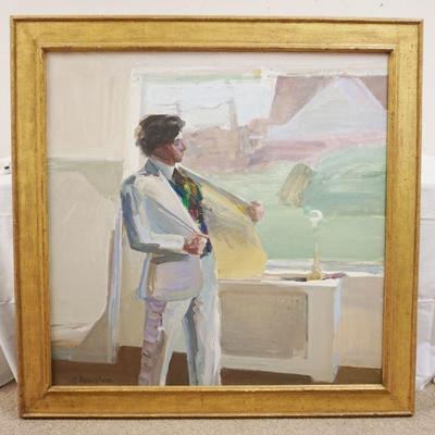 1305	LARGE OIL ON CANVAS PAINTING OF YOUNG MAN SIGNED S PEARLSTEIN LOWER LEFT, APPROXIMATELY 48 1/4 IN X 49 IN INCLUDING FRAME
