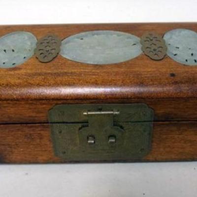1242	JEWELRY BOX WITH INSET JADE MEDALIONS, APPROXIMATELY 4 IN X 10 IN X 3 IN

