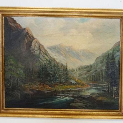 1161	ANTIQUE OIL ON CANVAS PAINTING OF MOUNTAIN SIDE & STREAM, ARTIST SIGNED, APP. 33 1/4 IN X 40 1/2 IN OVERALL
