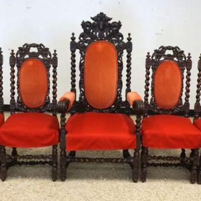 1087	SET OF 7 OAK HEAVY CARVED WILLIAM & MARY STYLE CHAIRS, 6 SIDE, ONE ARM
