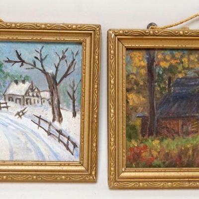 1162	2 MINIATURE OIL ON BOARD PAINTINGS OF RURAL SCENES ARTIST SIGNED. EACH ARE APP. 5 IN SQ OVERALL
