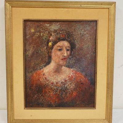 1308	OIL PAINTING ON ARTIST BOARD OF A WOMAN, UNSIGNED POSSIBLY THE SISTER OF WILLIAM STODDARD LOUGHRAN, APPROXIMATELY 22 1/4 IN X 19 IN...