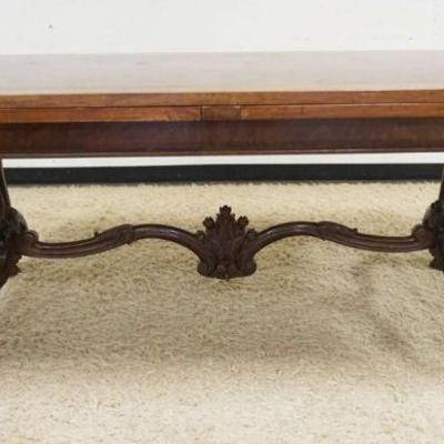 1114	ANTIQUE WALNUT DINING TABLE W/PULL OUT EXTENSIONS, CARVED LEGS & STRETCHER, DIAMOND VENEER TOP, APPROXIMATELY OPEN 130 IN, CLOSED 70...