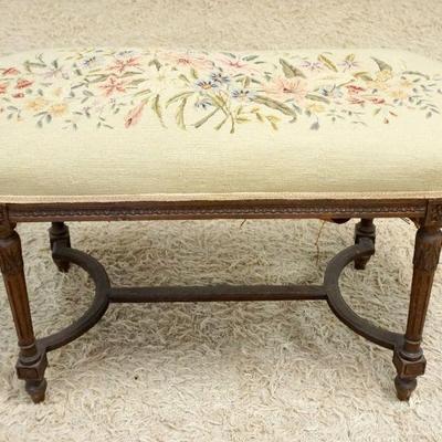 1091	OVAL NEEDLEPOINT UPHOLSTERED BENCH, NEEDS WEBBING REPAIR, APPROXIMATELY 38 IN X 17 IN X 20 IN
