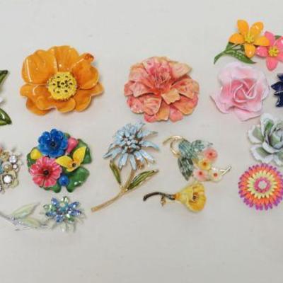 1280	LOT OF COSTUME JEWELRY FLORAL BROOCHES, AS FOUND
