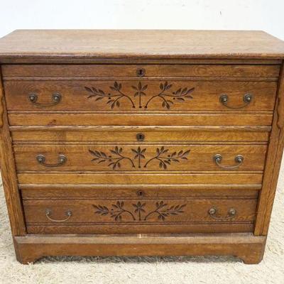 1111	OAK SPOON CARVED 3 DRAWER CHEST, APPROXIMATELY 40 IN X 18 IN X 33 IN HIGH
