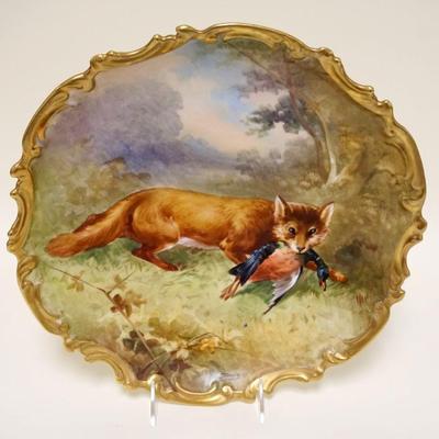 1036	LARGE HAND PAINTED LIMOGES ARTIST SIGNED PLATE OF FOX W/BIRD, APPROXIMATELY 13 IN
