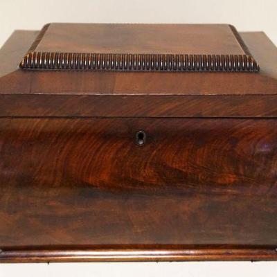 1156	ANTIQUE MAHOGANY BOMBE SEWING BOX W/ TRAY APP. 10 IN X 12 IN X 8 IN H 
