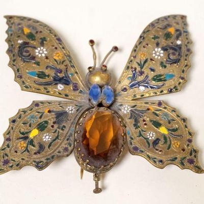1023	ANTIQUE ENAMELED BUTTERFLY PIN, APPROXIMATELY 3 1/2 IN HIGH
